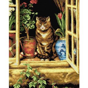 2264M Ralph Hedley-Cica a kunyhó ablakában 40x50cm