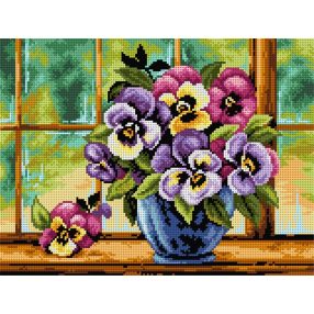 2496J Árvácska csokor kék vázában 30x40cm