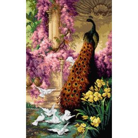 2629T Eugene Bidau-Páva és galambok a kertben 50x85cm