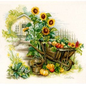 PN-0007988 Wheelbarrow & sunflowers 43x37 cm