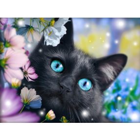AZ1900 Black cat in the flowers 30x40 cm