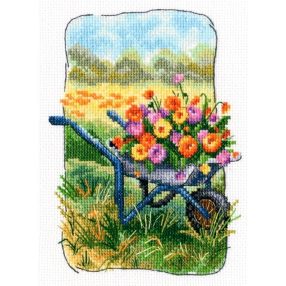   c347 Grandmother's Old Garden - Wheelbarrow with Flowers 13x17,5