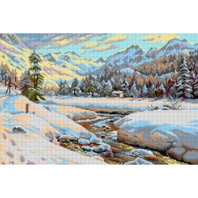   3421 Peder Mork Monsted - Téli táj a svájci Engadinnál 34x70 cm
