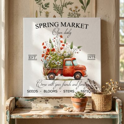 2471 Spring market - piros autó pipacsokkal 30x30 cm (fa)
