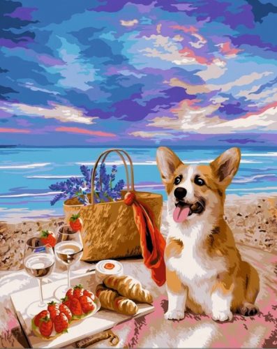 W010 Piknik a tengernél - Corgi 40x50 cm