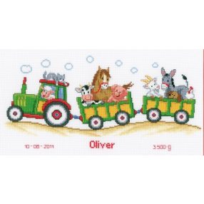 PN-0011906 Tractor and Trailer Birth Sampler 36x19 cm