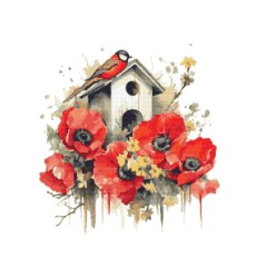 Z10559 Bird house with poppies 40x40 cm